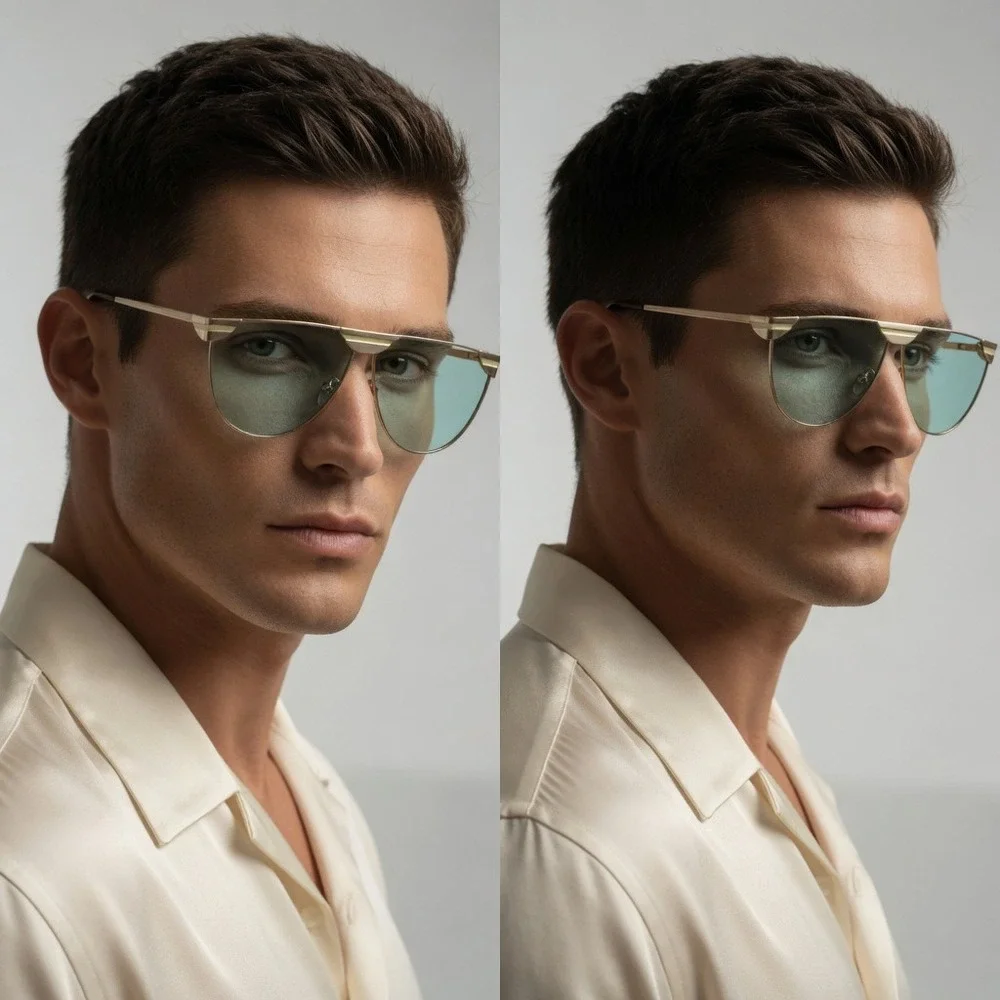 Mens Gold Flat Top Pilot Sunglasses Turquoise Tinted Lens Futuristic Eyewear New
